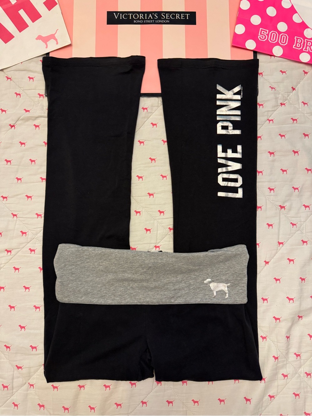 VS PINK VINTAGE Y2K FOLDOVER YOGA LEGGINGS BLACK SILVER LOVE DOG LOGO RARE LG